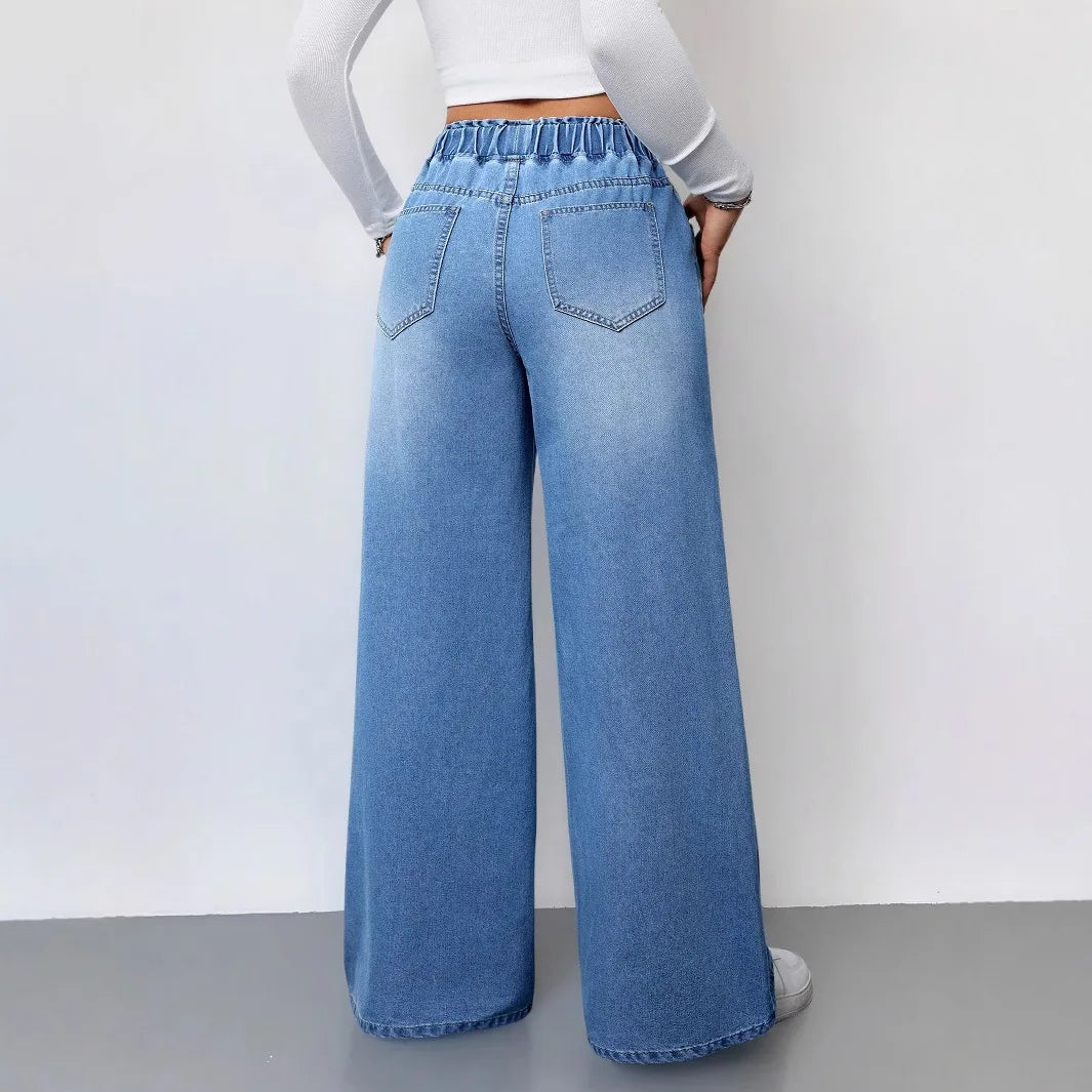 Wide Leg Pants Jeans Women Washed Denims Elastic Waist Lace Up Distressed Vintage Streetwear Female Full Length Loose Trousers