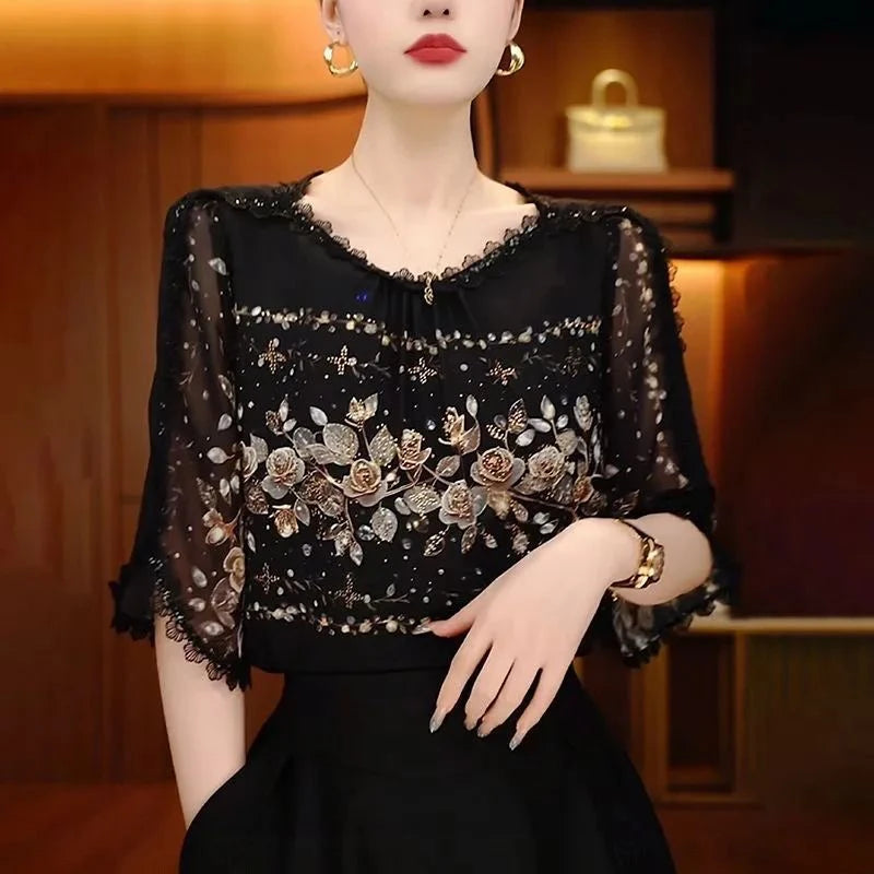 Slimming Effect Loose Fit round Neck mid Sleeve Fashionable Top for Older Women Comfortable Breathable Casual Wear
