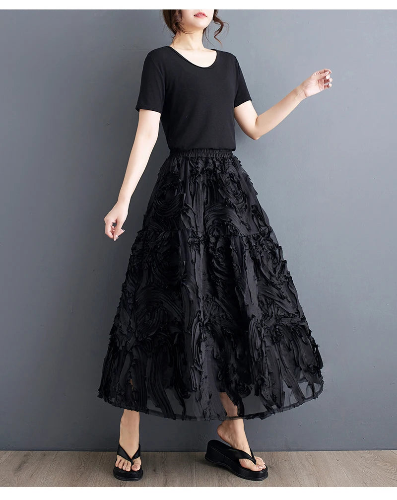 Black Skirt for Women Summer Fashin Heavyweight Chic Design Pleated A-line Easy Match Elastic Waist Dress Female Creative Skirt