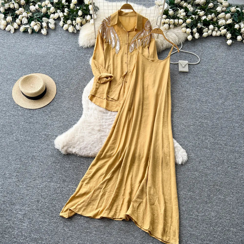Women Two Piece Sets Dress Set Full Sleeve Shirt Casual Loose Long Dresses Sling A Line Y2k Streetwear Elegant Work Summer 2026