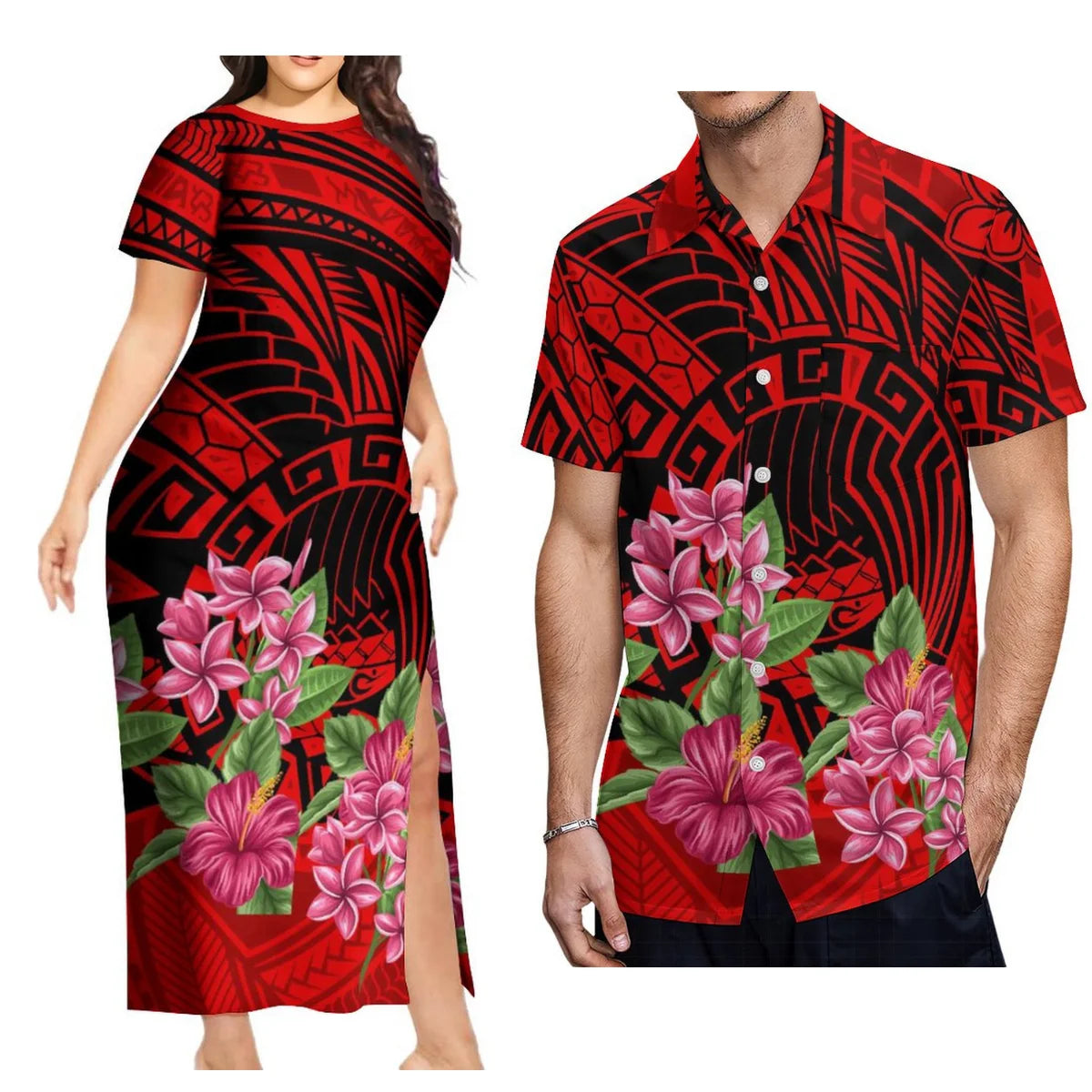 Support The Design Of Women'S Short Sleeve Dress Crew-Neck Samoan Polynesian Tribal Pattern And Hawaiian Men'S Shirt Couple Suit