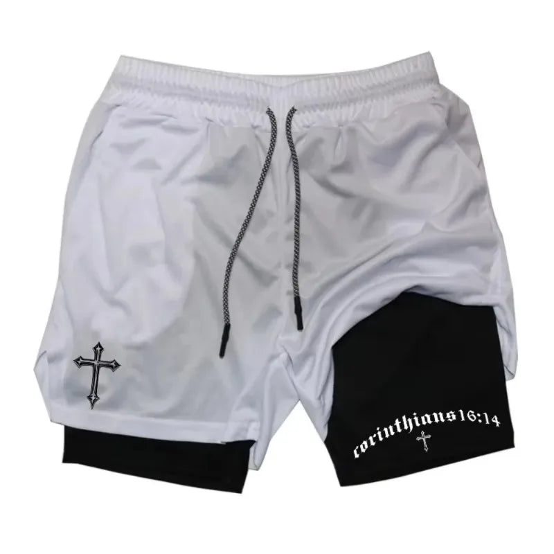 Latest Cross Bible Graphic 2-in-1 Athletic Shorts Men Fitness Christian Gym Workout Running with Cell Phone Pocket Towel Shorts