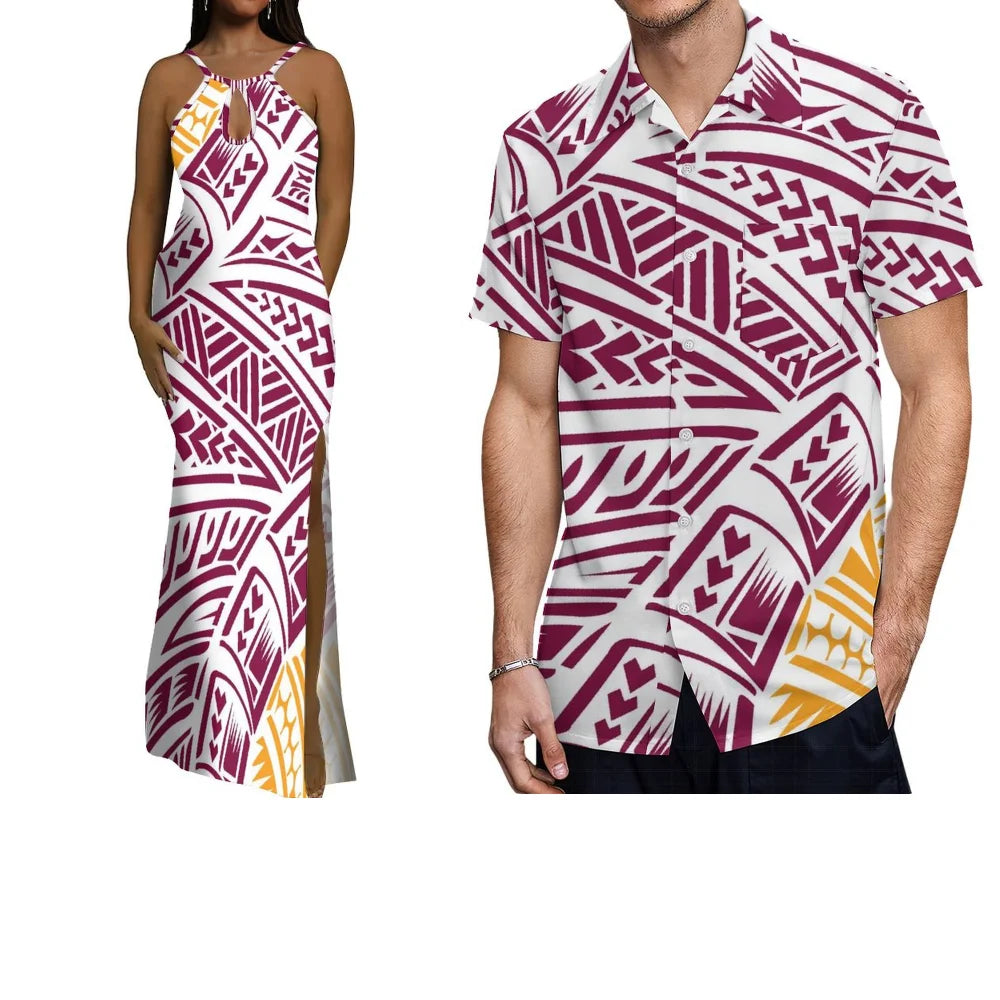 Polynesian Custom-Made Couple Set  Hawaiian-Style Printed Design  Vacation-Style Women'S Halter Dress  Men'S Pocket Shirt Top