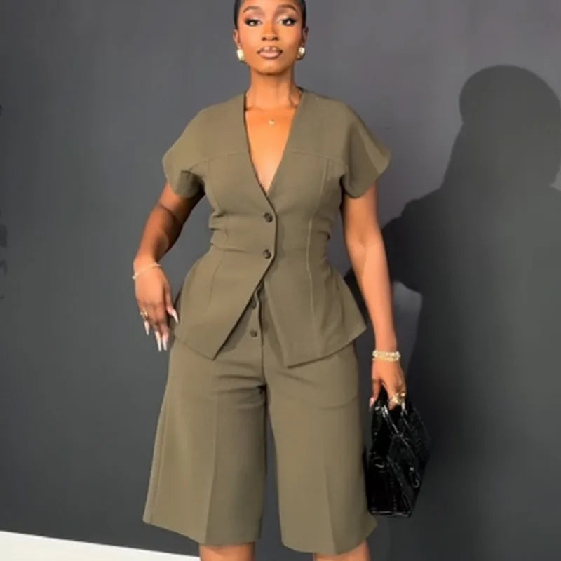 Doyerl Elegant Fashion Two Piece Set Woman Work Wear Office Lady Short Sleeve V-neck Top and Knee Length Shorts Matching Sets