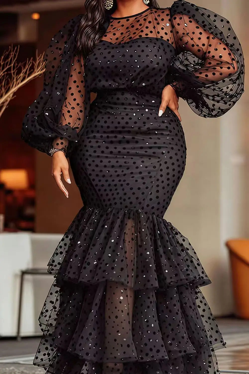 Sexy Large Size Bubble Flocking Polka Dot Dress Cross-Border Women's Fashion Autumn Winter New Arrival Elegant Commute Style