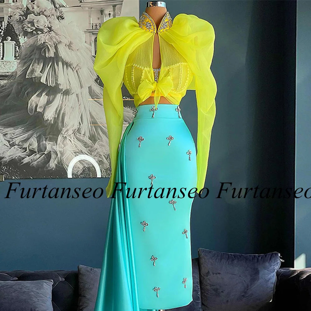 Exquisite Cocktail Dresses Puff Sleeves See Through Crystals Stones Tea Length Evening Dress Wedding Party Gown Candy Color