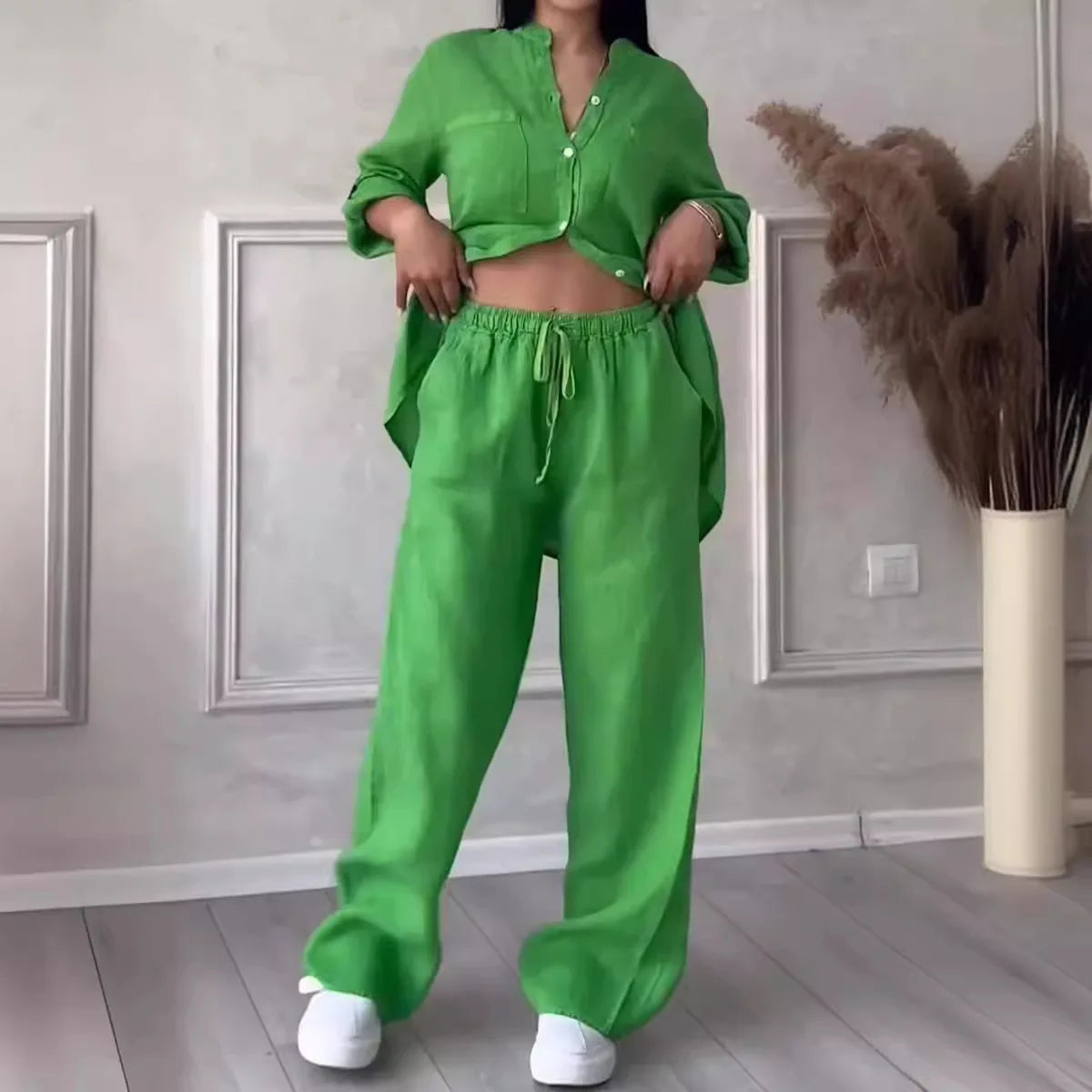 2 pieces women sets 2026 new solid color single-breasted long-sleeved shirt+wide-leg pants lace-up suits women's clothing