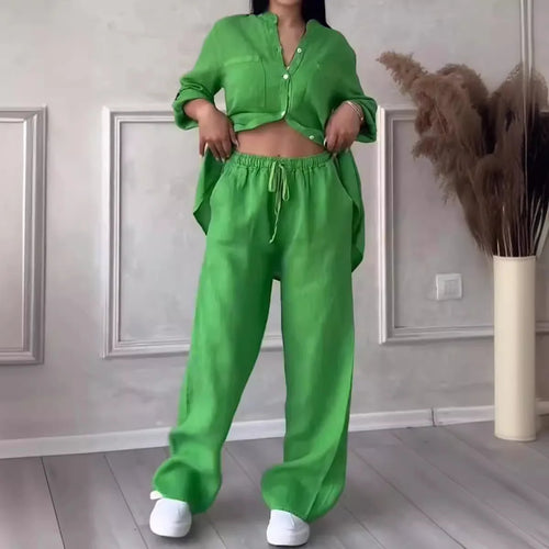 2 pieces women sets 2026 new solid color single-breasted long-sleeved shirt+wide-leg pants lace-up suits women's clothing