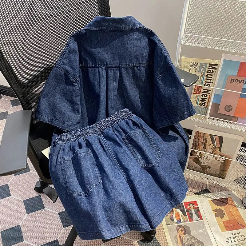Denim Pant Set Women Two Piece Sets Turn Down Collar Shirt Tops Short Pants Lace Up Elastic Waist Y2k Streetwear Elegant Casual