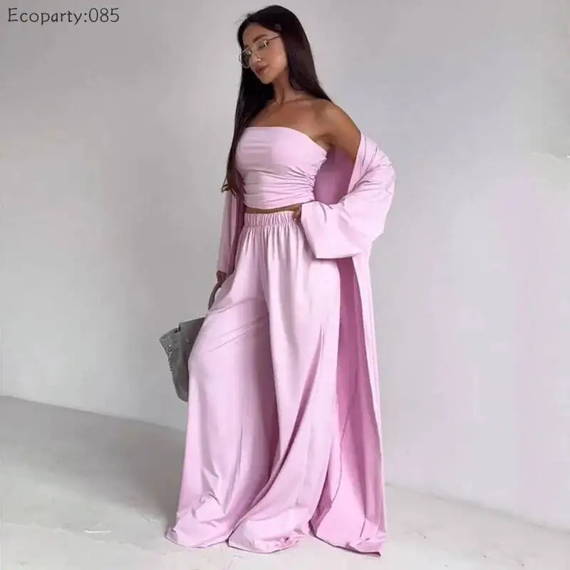 Summer Women's Clothing Casual 3Pcs Strapless Vest Long Cardigan Wide-Leg Pants Suit Lady Elegant Office Wear Outfits for Female