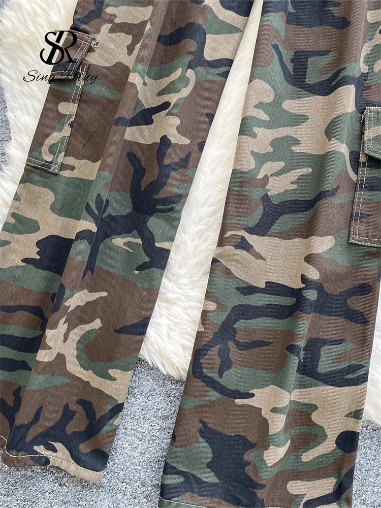 SINGREINY Camouflage Printed Wide Leg Pants women 2025 Autumn Workwear Style Casual Britches Straight Leg Denim Vintage Trousers