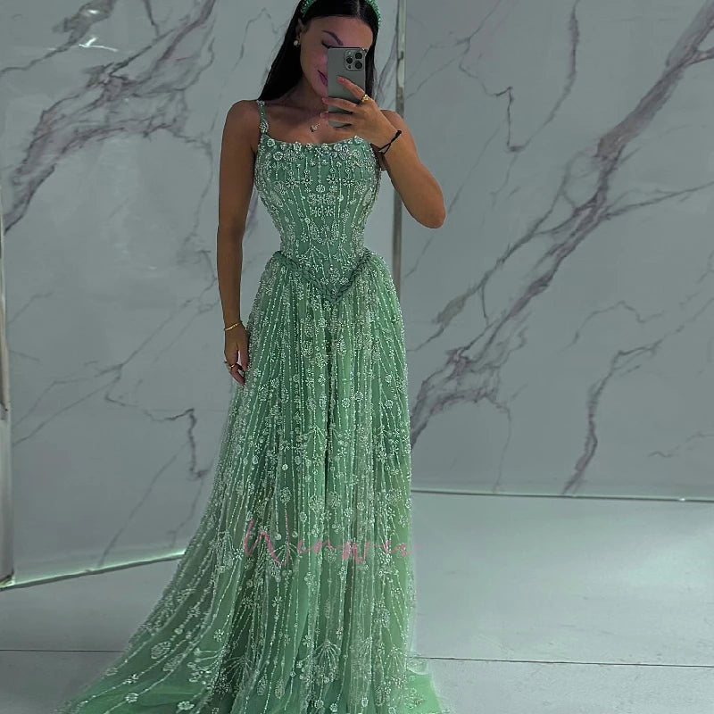 Customized Evening Dresses Woman Elegant Dress Luxury Wedding Guest Sleeveless Line A Beaded Lace Robe Soiree Ball Gowns
