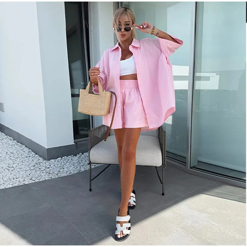Lapel Short Sleeve Pocket Solid Color Shirt Pants Set Loose Fit Straight Leg Trouser 2026 Spring Casual Women Daily Outfit
