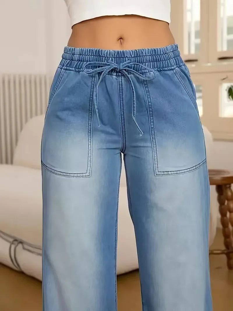Women Jeans Wide Leg Pants Streetwear Denims Drawstring High Waist Washed Distressed Pockets Female Vintage Straight Trousers