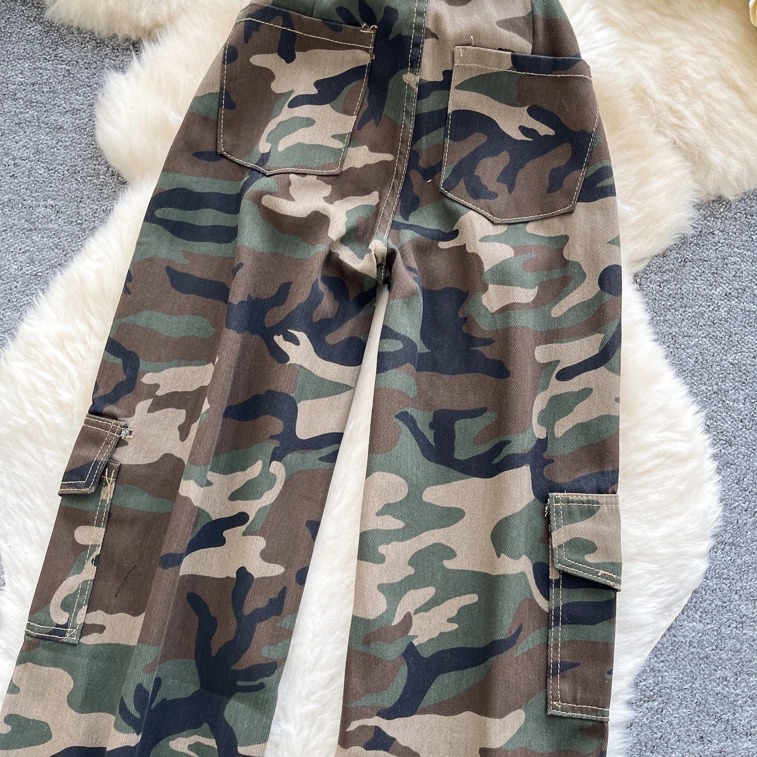 SINGREINY Camouflage Printed Wide Leg Pants women 2025 Autumn Workwear Style Casual Britches Straight Leg Denim Vintage Trousers
