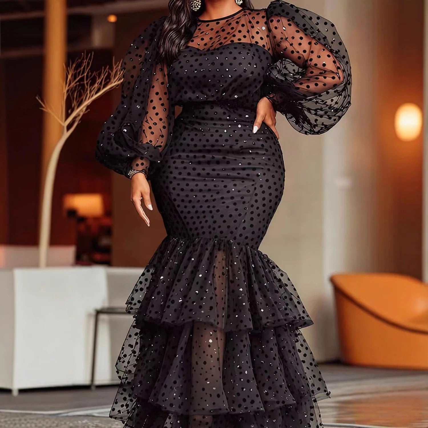 Sexy Large Size Bubble Flocking Polka Dot Dress Cross-Border Women's Fashion Autumn Winter New Arrival Elegant Commute Style