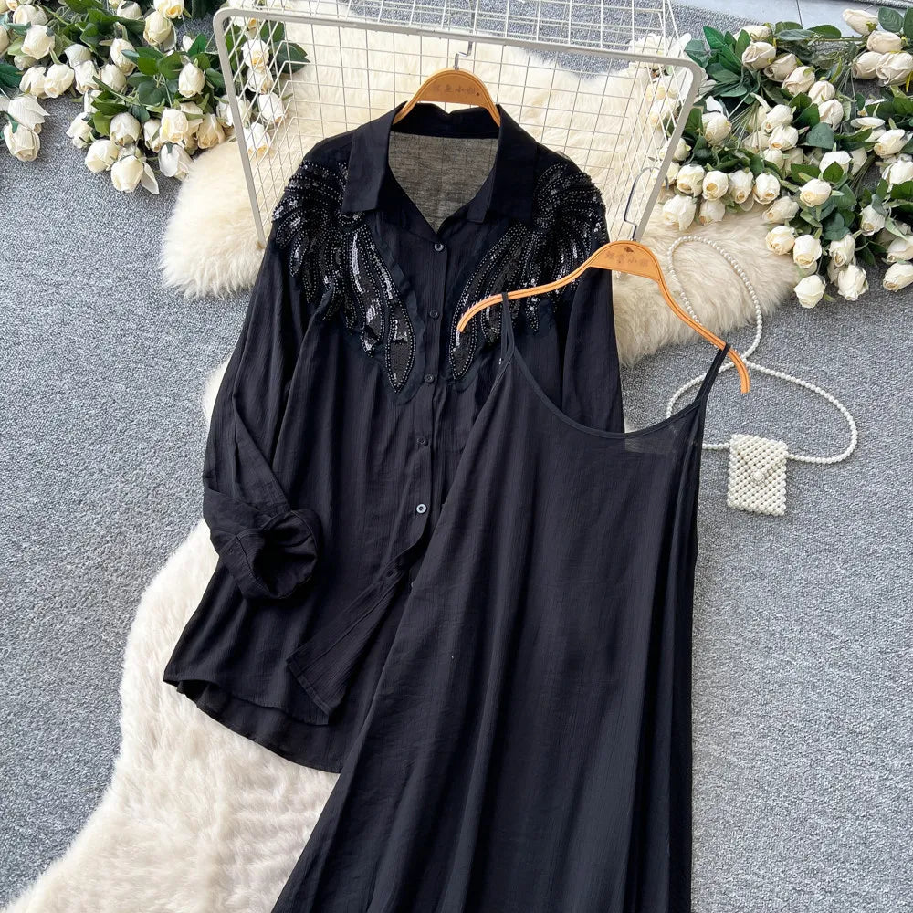 Women Two Piece Sets Dress Set Full Sleeve Shirt Casual Loose Long Dresses Sling A Line Y2k Streetwear Elegant Work Summer 2026