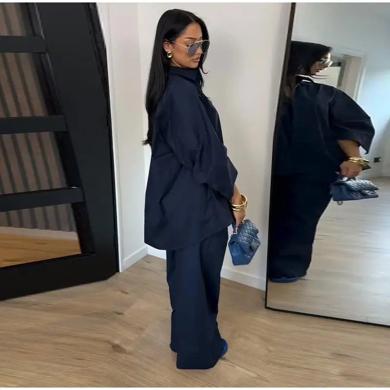 Lapel Short Sleeve Pocket Solid Color Shirt Pants Set Loose Fit Straight Leg Trouser 2026 Spring Casual Women Daily Outfit
