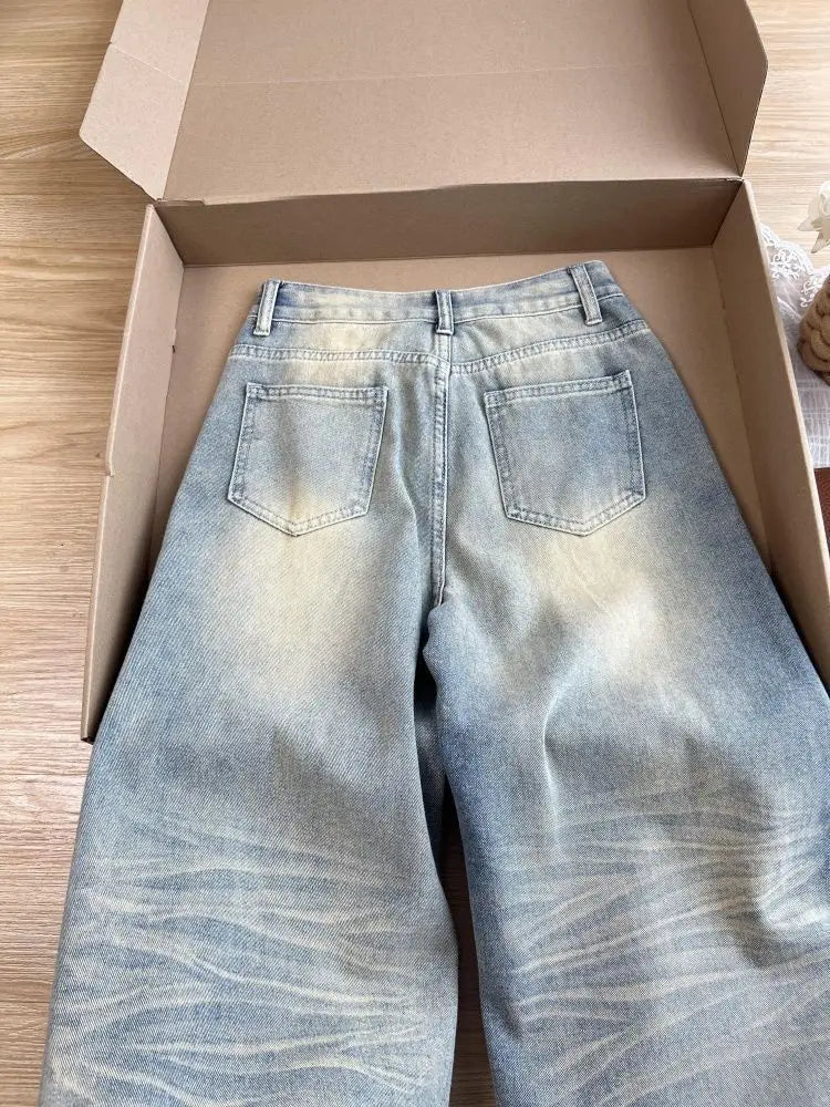2025 Autumn New Retro Old Ripped Jeans Wide-leg Jeans Women Loose Pants Trousers Baggy Jeans