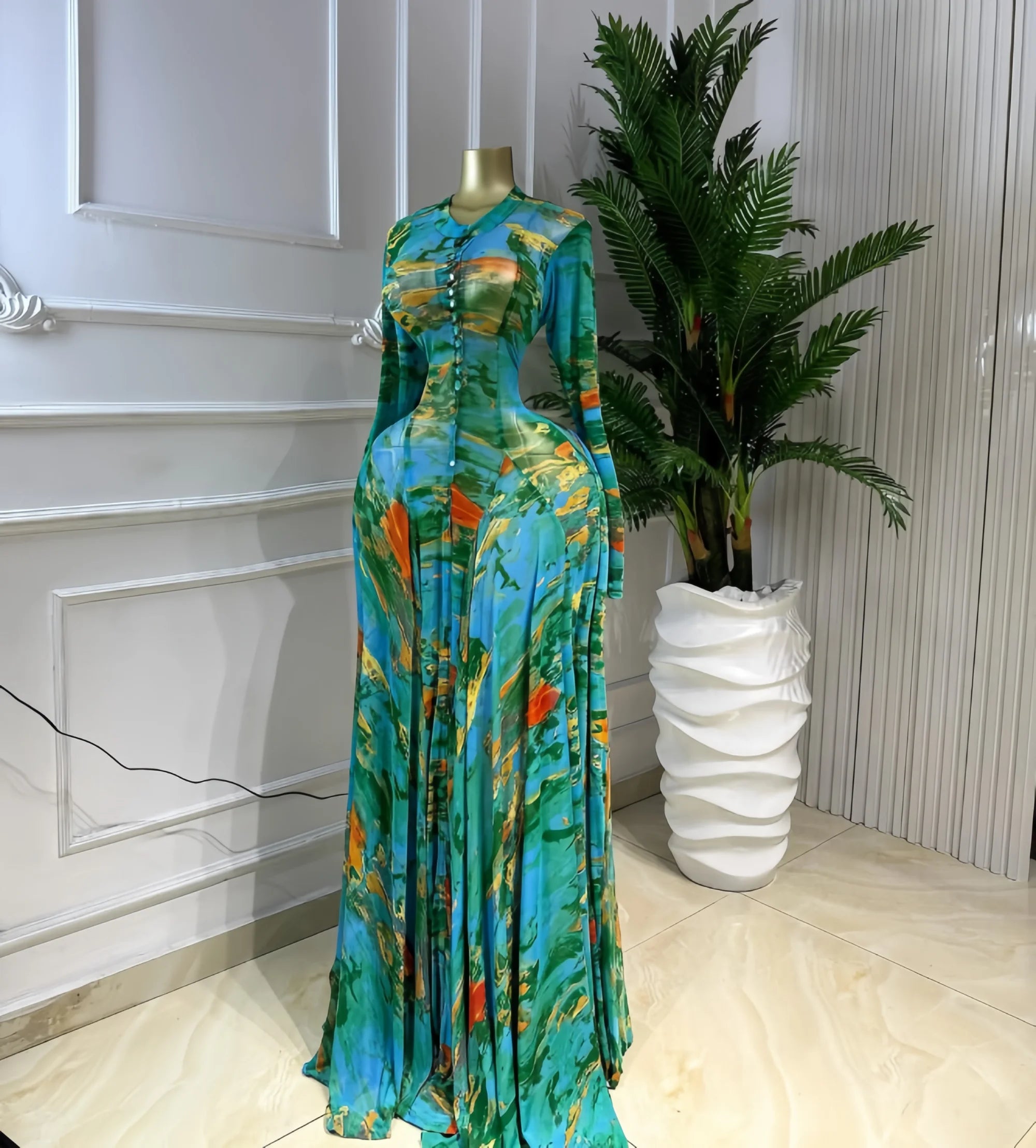CM.YAYA Women O-neck Long Sleeve Big Swing Tie Dye Print Long Dress 2026 Sexy Parties Evening Vacation Maxi Dresses Vestidos