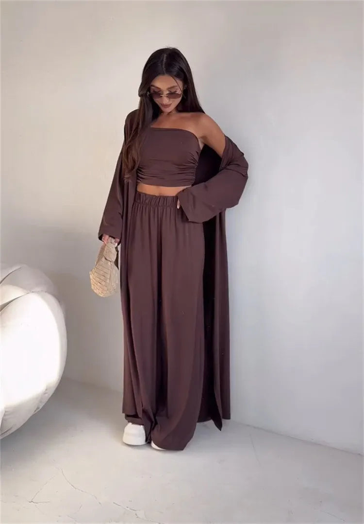 2 Piece Set Women's Summer Suit Black Crop Top Beige Wide Leg Pants Maxi Length White Long Pants Ruched Waist Solid Color