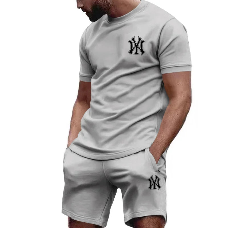 New hot selling 2026 men's two-piece sportswear short sleeved T-shirt and pants set running fitness summer