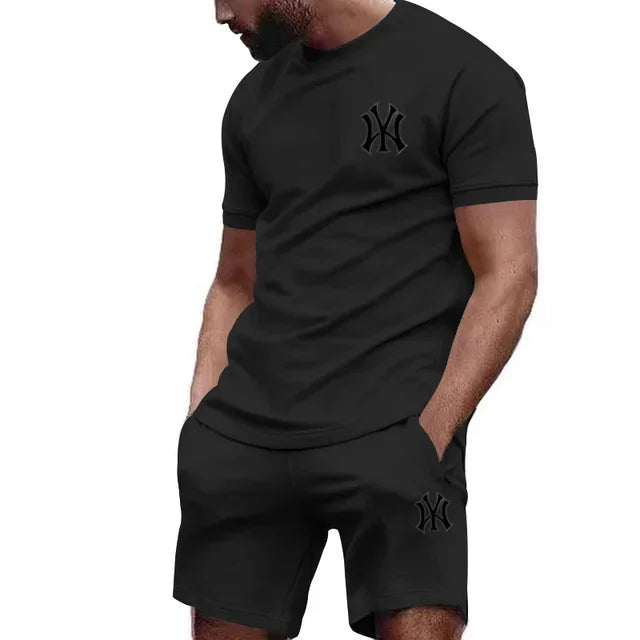New hot selling 2026 men's two-piece sportswear short sleeved T-shirt and pants set running fitness summer