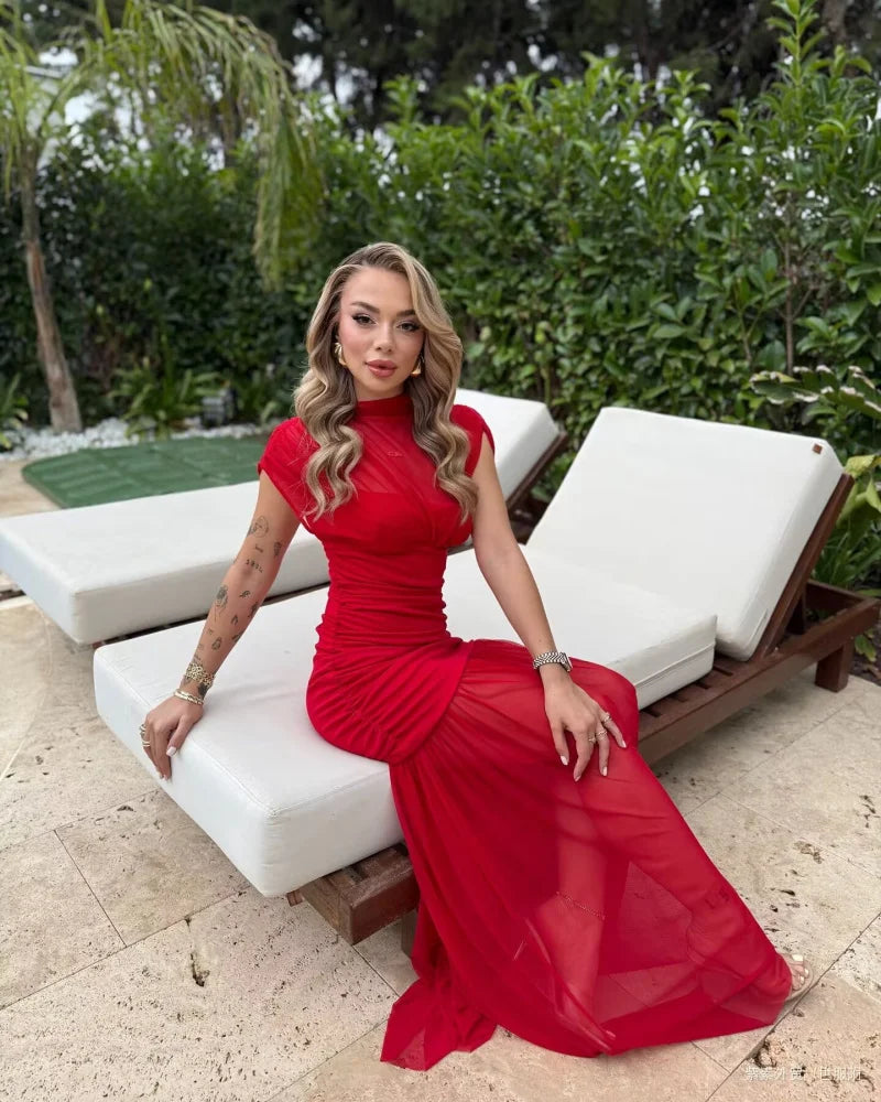 ETJ 2025 new women's party sexy see-through long dress fashion silk mesh stitching stand collar sleeveless dress