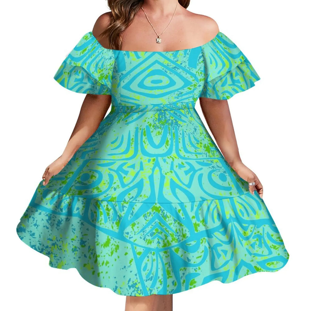 Tattoo Designs Customized On Demand Feature Ruffle Sleeve Dress Polynesian Traditional Tribe Short Dress For Evening 1 MOQ
