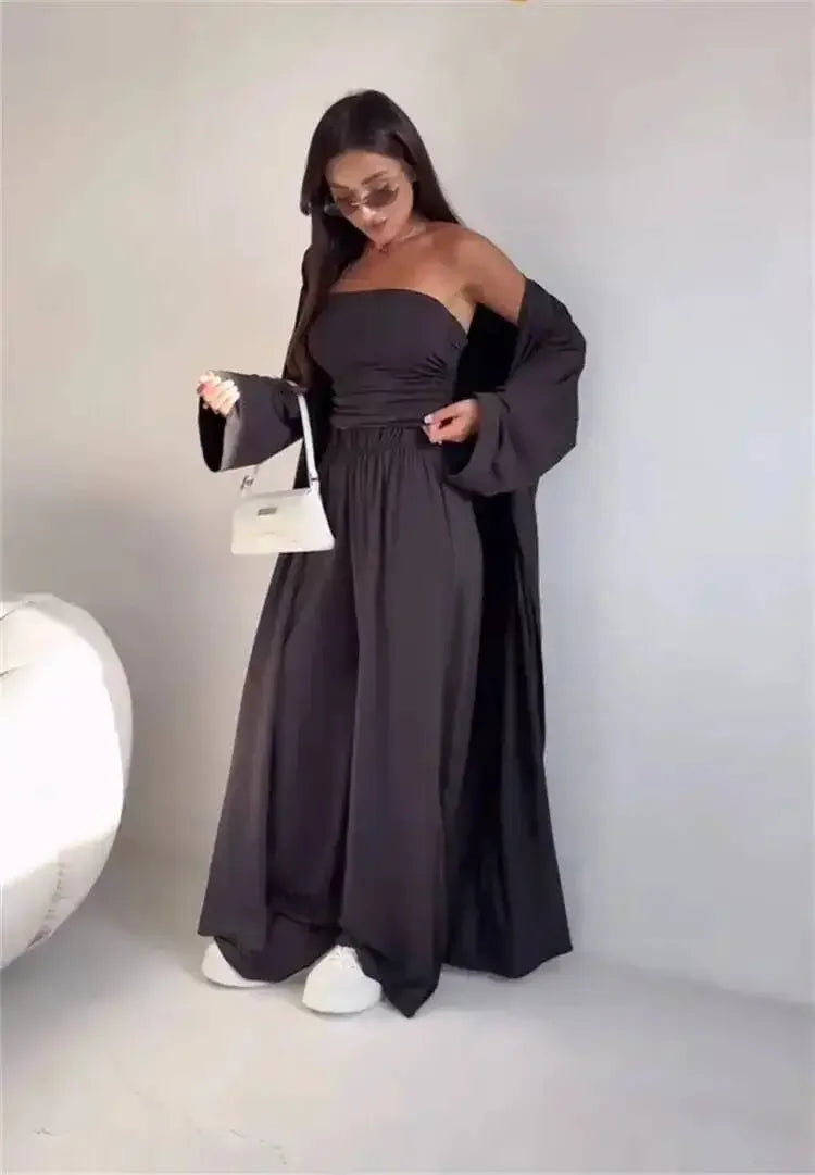 Summer Women's Clothing Casual 3Pcs Strapless Vest Long Cardigan Wide-Leg Pants Suit Lady Elegant Office Wear Outfits for Female