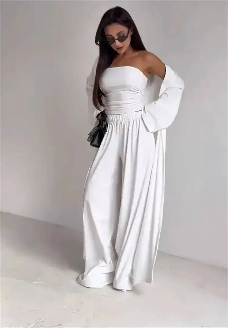 Summer Women's Clothing Casual 3Pcs Strapless Vest Long Cardigan Wide-Leg Pants Suit Lady Elegant Office Wear Outfits for Female