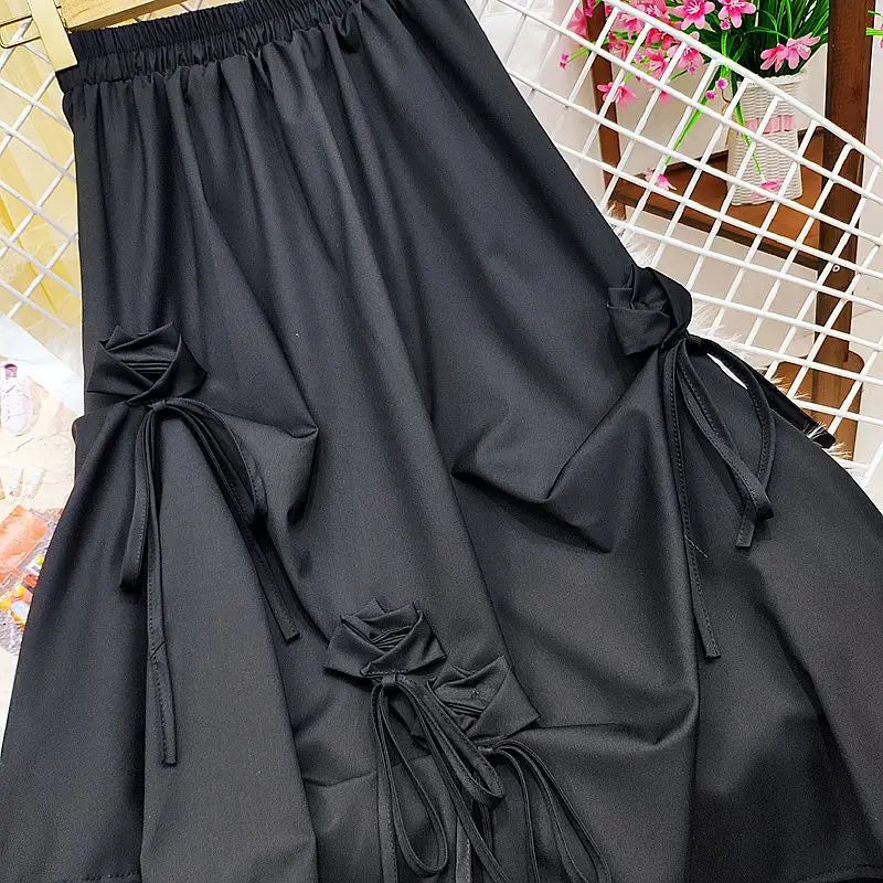 Japanese Style Women's Dull Black Long Dress High-Waisted Bow Spliced Lace A- Line Mid-Length Skirt Female Fashion
