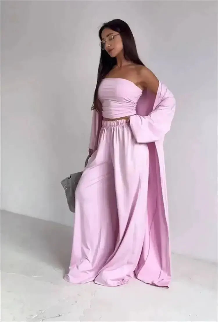 Summer Women's Clothing Casual 3Pcs Strapless Vest Long Cardigan Wide-Leg Pants Suit Lady Elegant Office Wear Outfits for Female