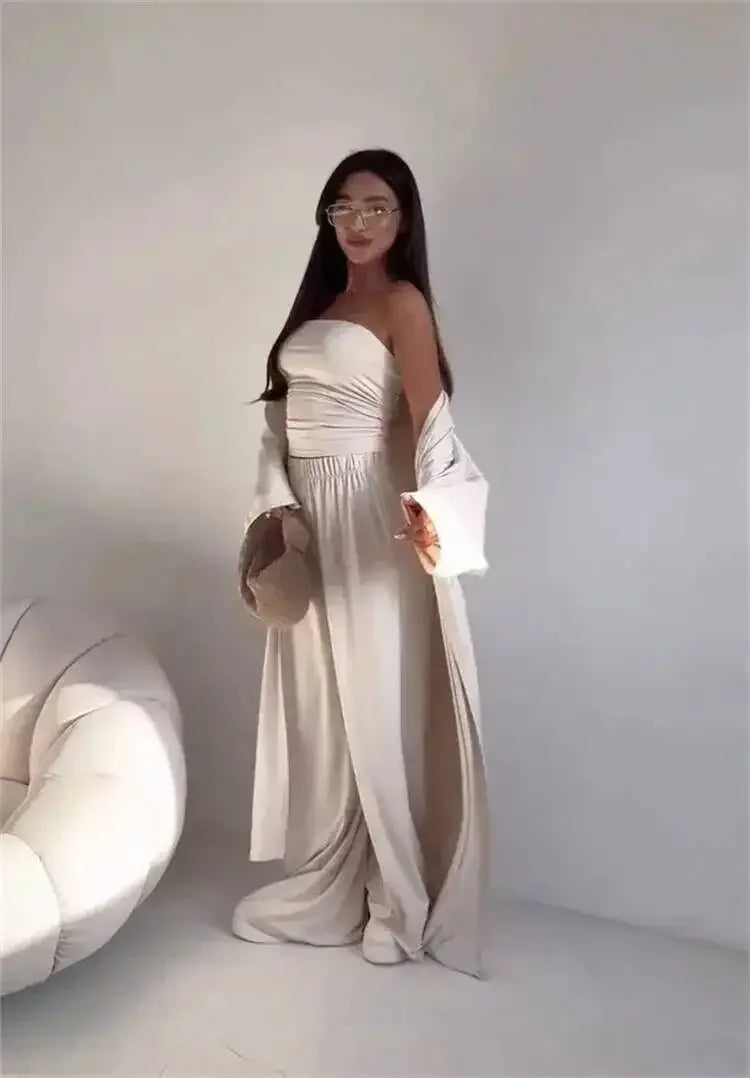 Summer Women's Clothing Casual 3Pcs Strapless Vest Long Cardigan Wide-Leg Pants Suit Lady Elegant Office Wear Outfits for Female
