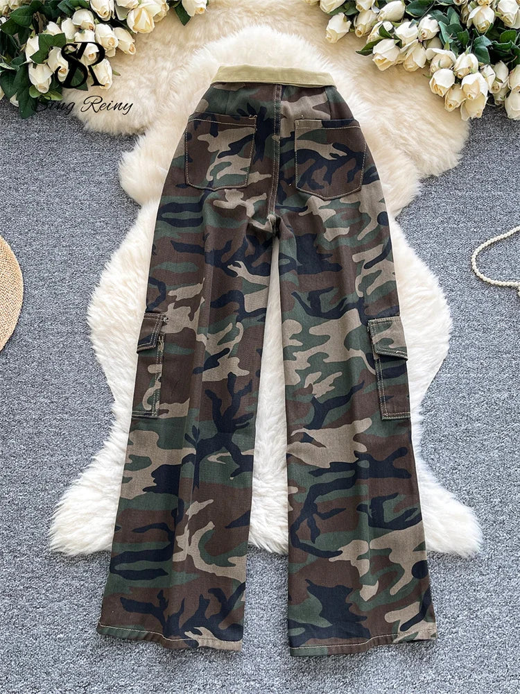 SINGREINY Camouflage Printed Wide Leg Pants women 2025 Autumn Workwear Style Casual Britches Straight Leg Denim Vintage Trousers