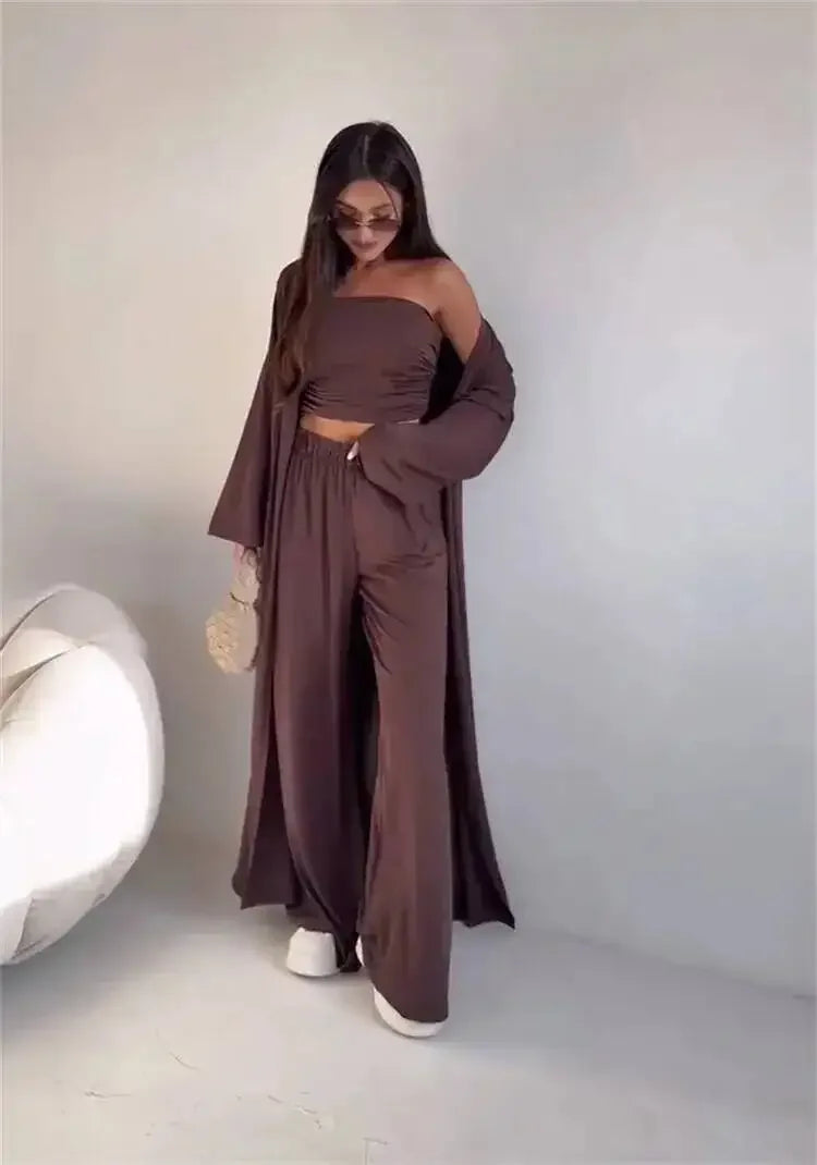Summer Women's Clothing Casual 3Pcs Strapless Vest Long Cardigan Wide-Leg Pants Suit Lady Elegant Office Wear Outfits for Female