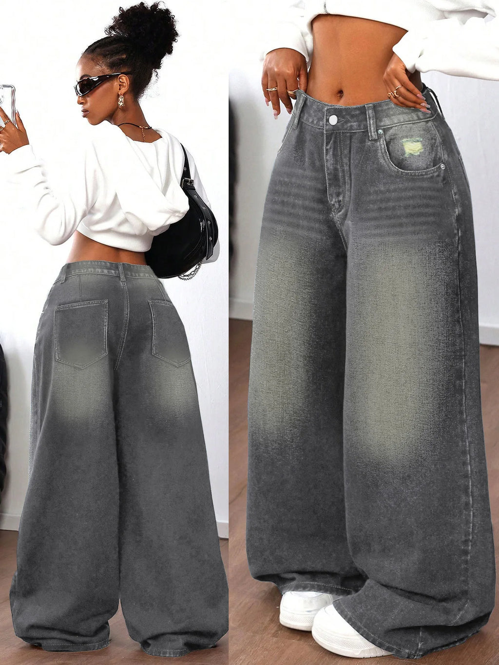 Grey Washed Loose Women's Long Floor-Length Wide Leg Jeans Casual Straight Cut Trousers Comfortable Cotton Denim Jeans