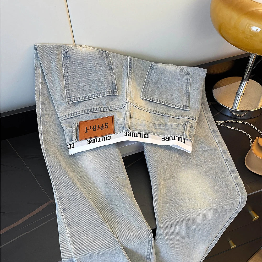 American Vintage Ripped Patchwork Jeans for Women Light Blue High Waist Straight Loose Denim Pants Spring Fall Wide Leg Trousers