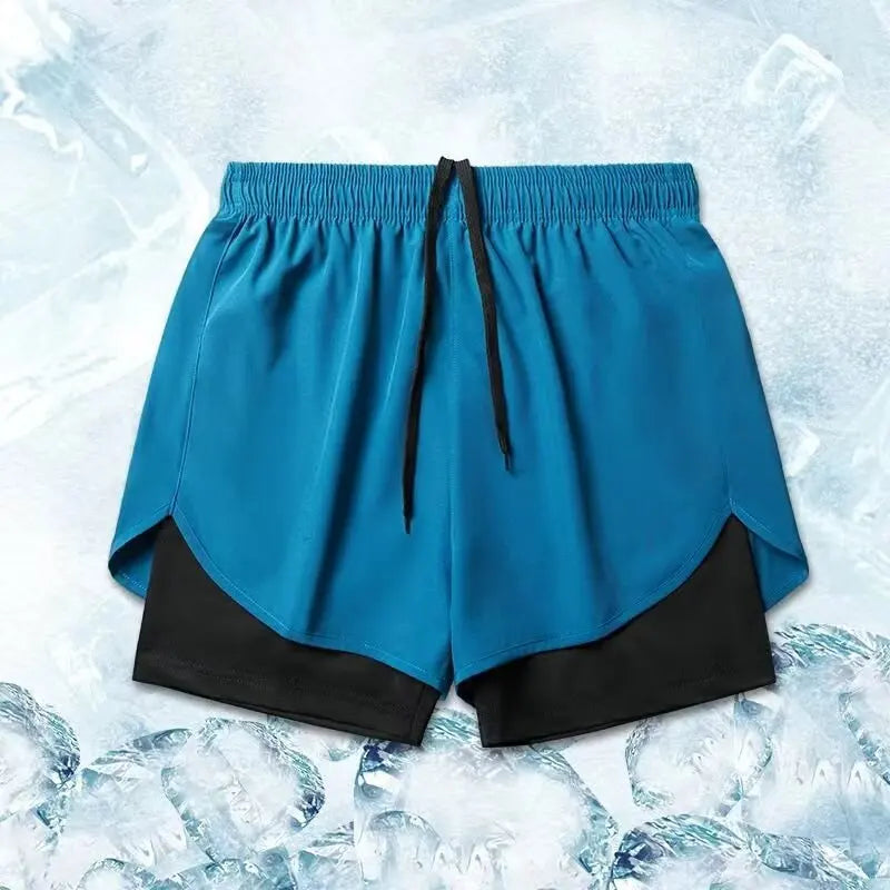 2025 Summer New Men Running Breathable Training Double layer Sports Shorts Elastic Quick drying Fitness Fashion Beach Pants