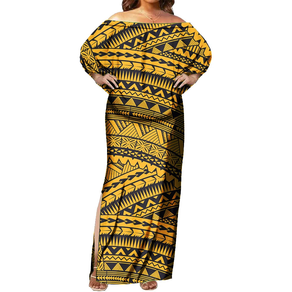 Tapa Tribal Design Sexy off Shoulder Sleeveless Dress Tropical Floral Print Polynesian Fashion Maxi Dress Tight