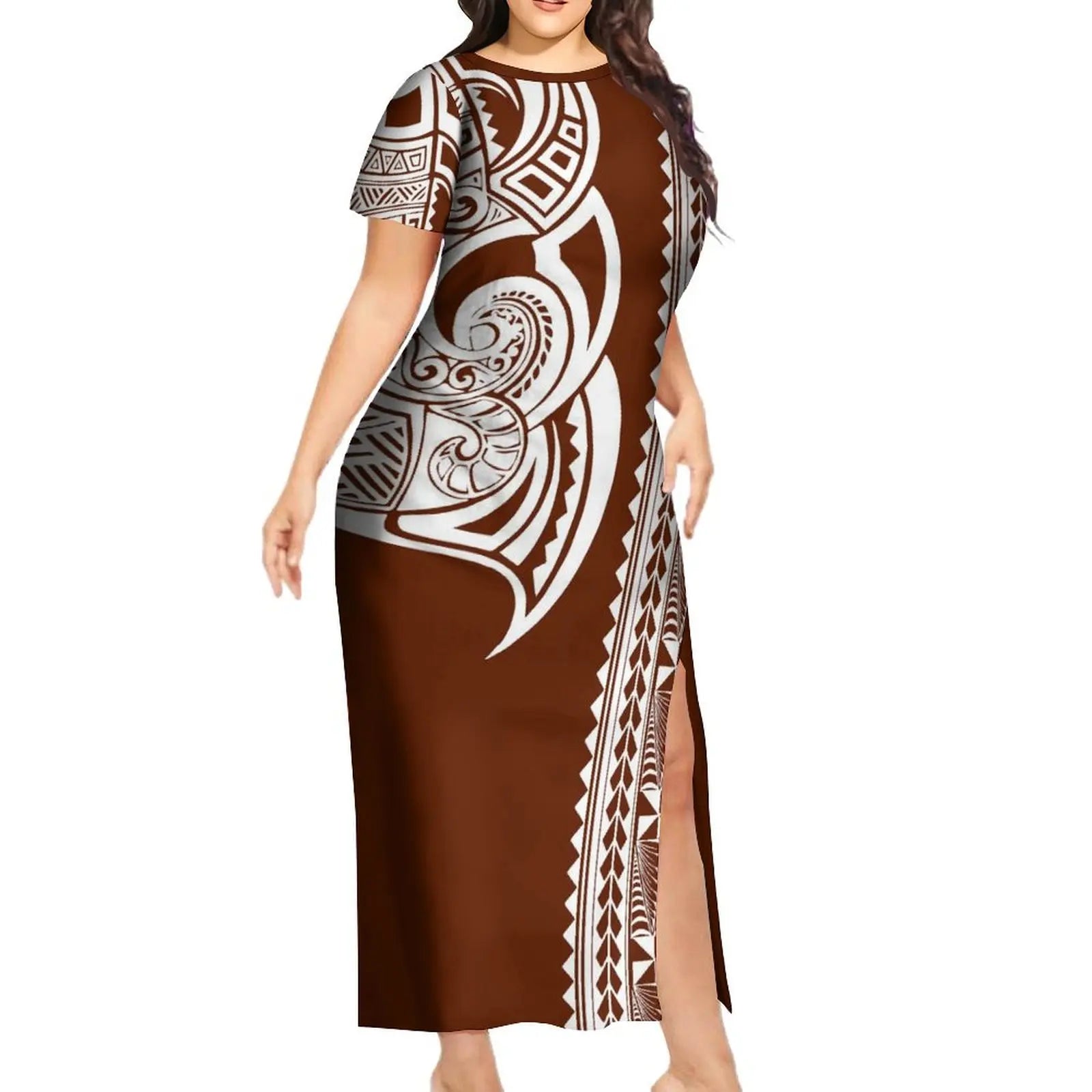 Support Custom Samoan National Dress Women'S Crew-Neck Maxi Dress Fashion Slit Dress With Men'S Short-Sleeved Shirt 9xl