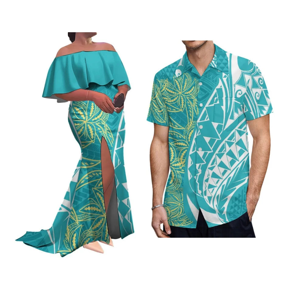Customized Patterned Soft Fabric Tribal Ethnic Couple'S Outfit Polynesian Women'S Ruffled Collar Floor-Length Dress With Slit