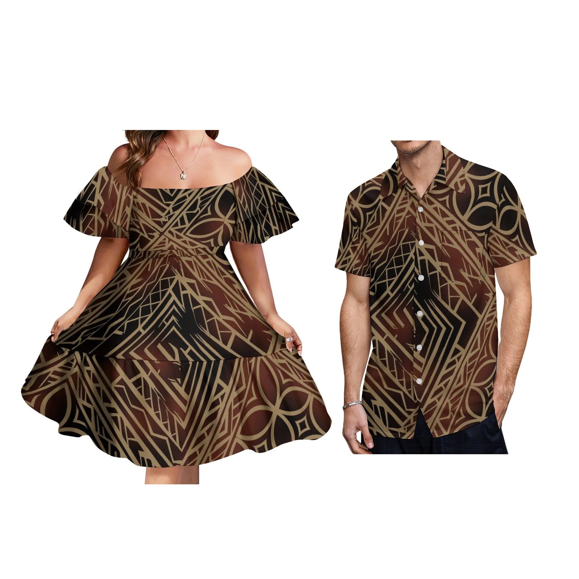 Tattoo Designs Customized On Demand Feature Ruffle Sleeve Dress Polynesian Traditional Tribe Short Dress For Evening 1 MOQ