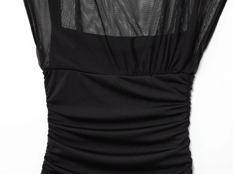 ETJ 2025 new women's party sexy see-through long dress fashion silk mesh stitching stand collar sleeveless dress