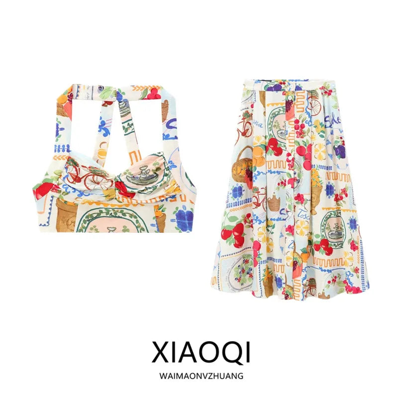 Autumn 2024 New Women's Faion Set Ne Print ort Top mid Waist f Skirt Ele Versatile Workwear for Young Profionals