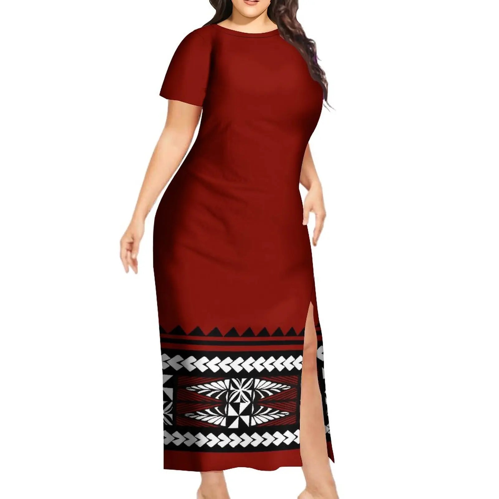 Support Custom Samoan National Dress Women'S Crew-Neck Maxi Dress Fashion Slit Dress With Men'S Short-Sleeved Shirt 9xl