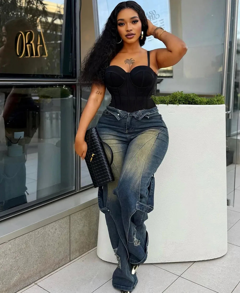 Denim Cargo Pant Women Jeans Vintage Wide Leg Long Pants High Waist Straight Trousers Hole Y2k Streetwear Elegant Casual 2026