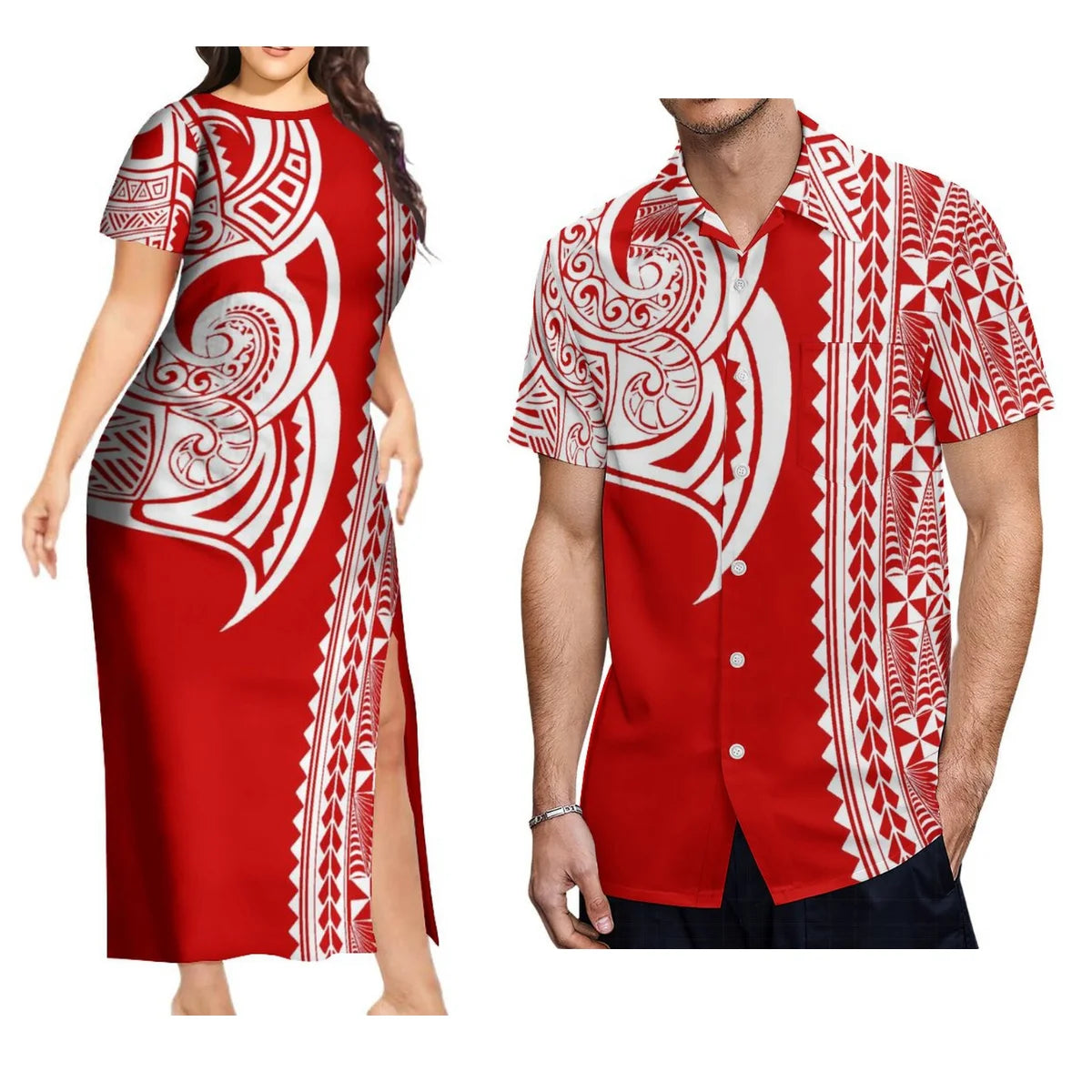 Support Custom Samoan National Dress Women'S Crew-Neck Maxi Dress Fashion Slit Dress With Men'S Short-Sleeved Shirt 9xl