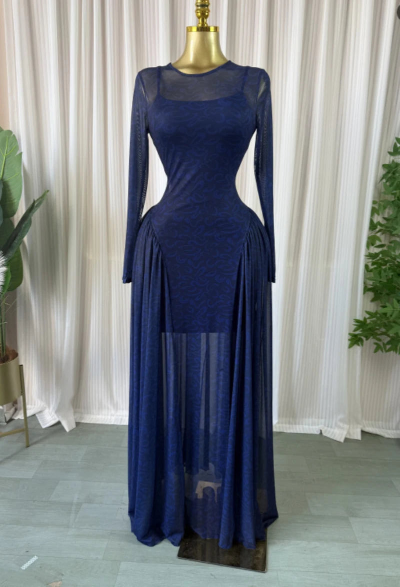 New Fashion Mesh Printed Full Sleeve Long Dress Sexy Patchwork Slim Wasit Big Swing A-line Shape Maxi Dress