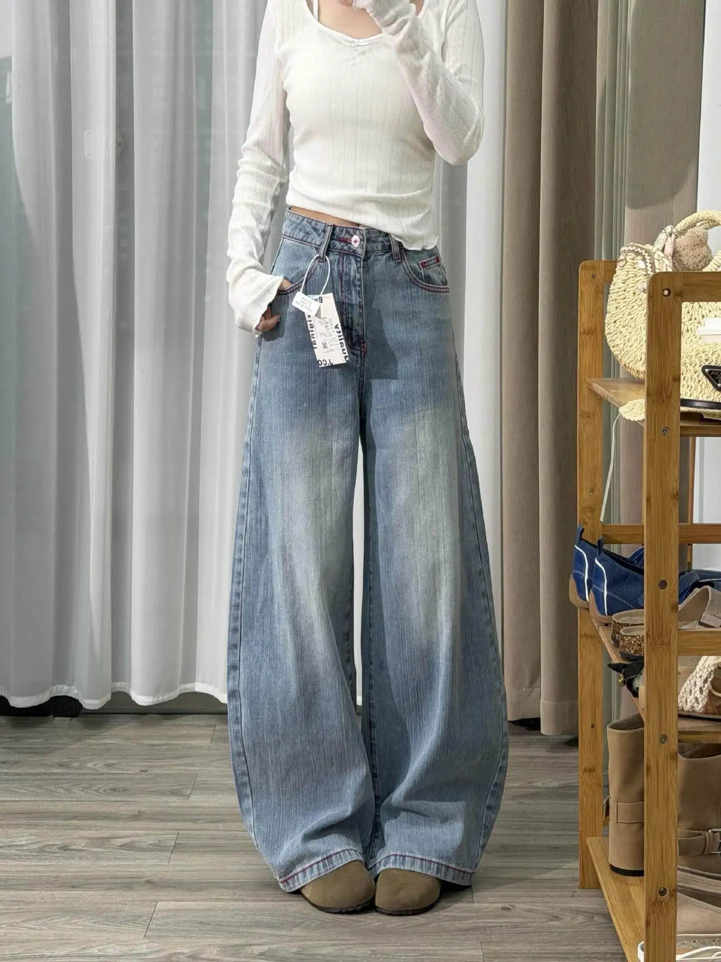 Women's Baggy Jeans Y2K Wide Leg Denim Pants Vintage Washed High Waisted Loose Trousers Red Stitching Streetwear 90s Aesthetic
